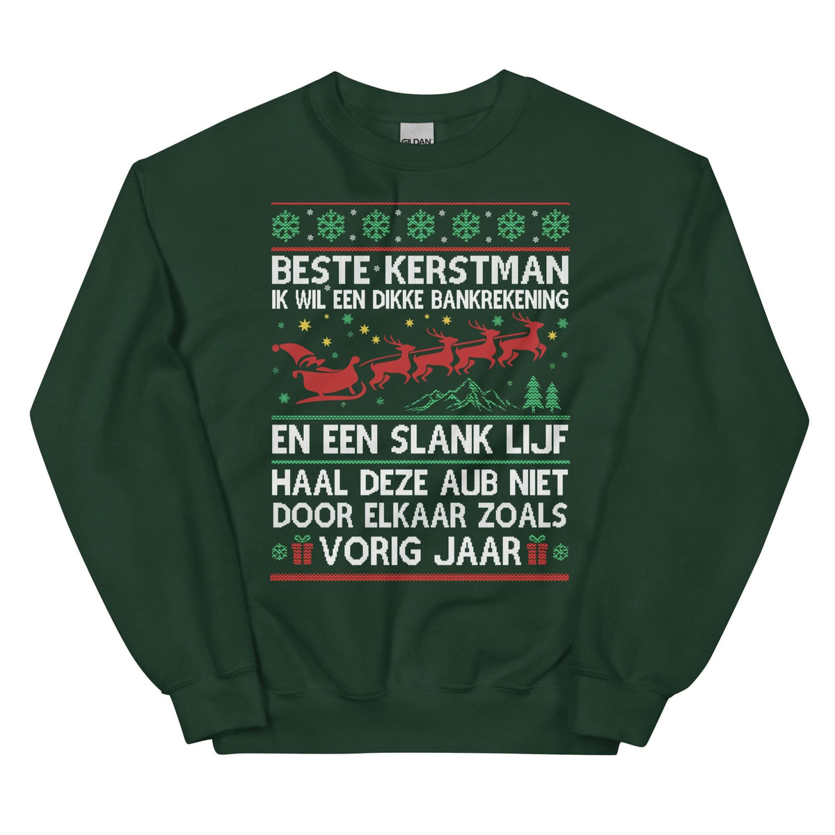 Unisex kersttrui ( Ik wil een dikke bankrekening en een slank lijf...)