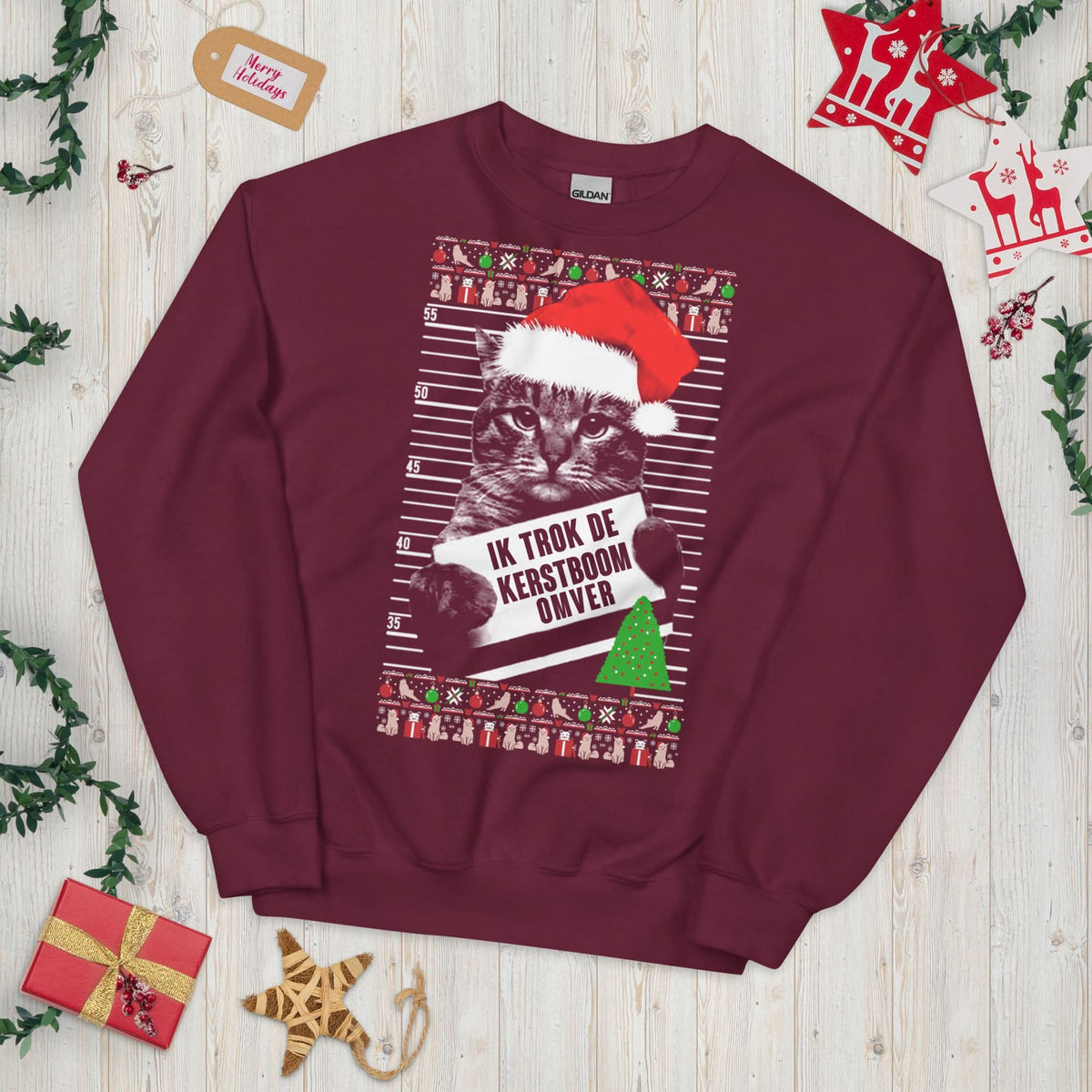 Unisex kersttrui (Ik trok de kerstboom omver) katten
