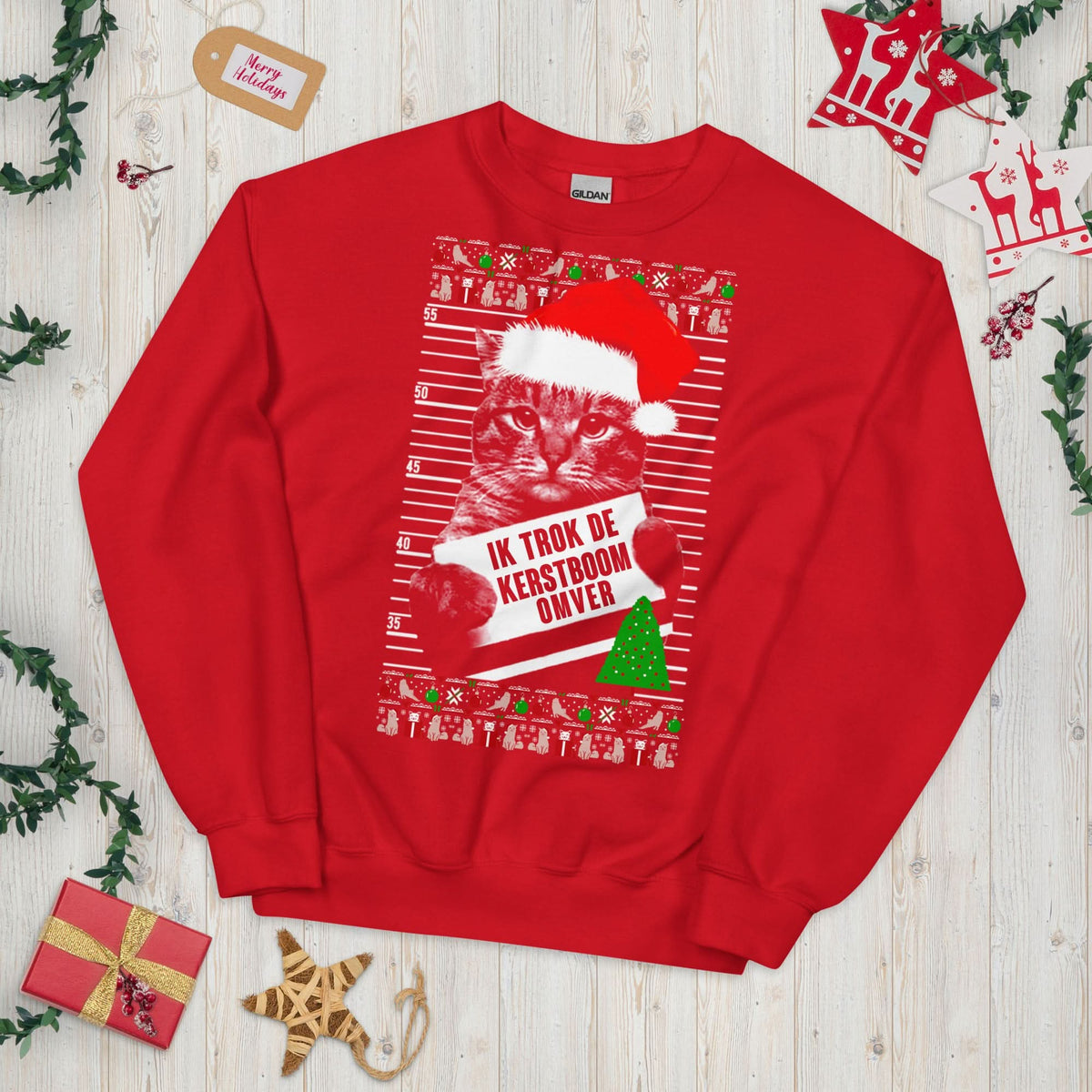 Unisex kersttrui (Ik trok de kerstboom omver) katten