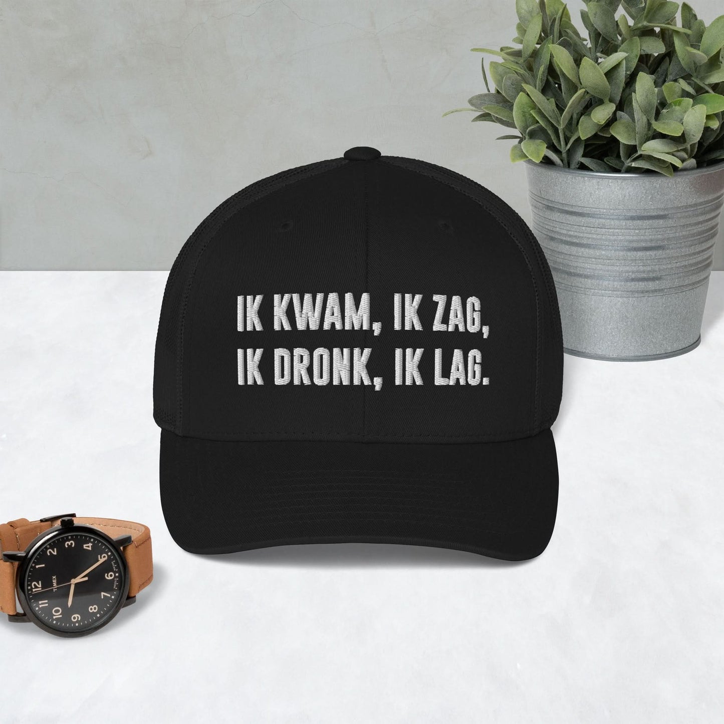 Geborduurde Truckerpet (Ik kwam, Ik zag, Ik dronk, ik lag!)