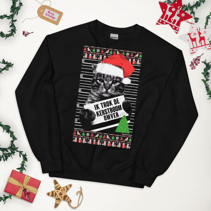 Unisex kersttrui (Ik trok de kerstboom omver) katten