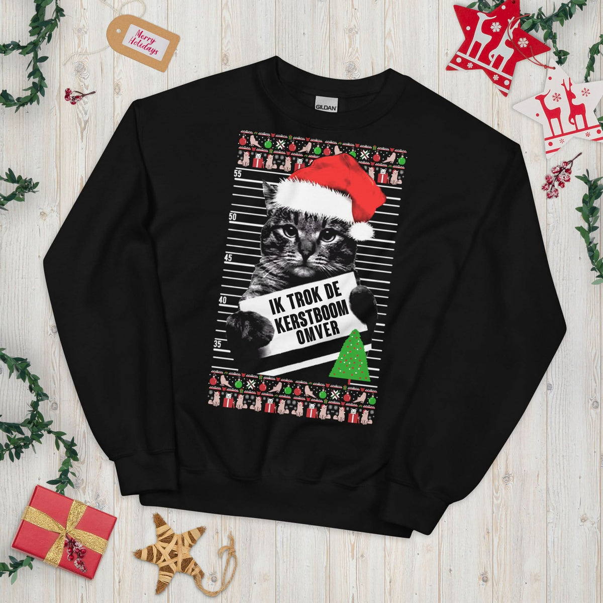 Unisex kersttrui (Ik trok de kerstboom omver) katten