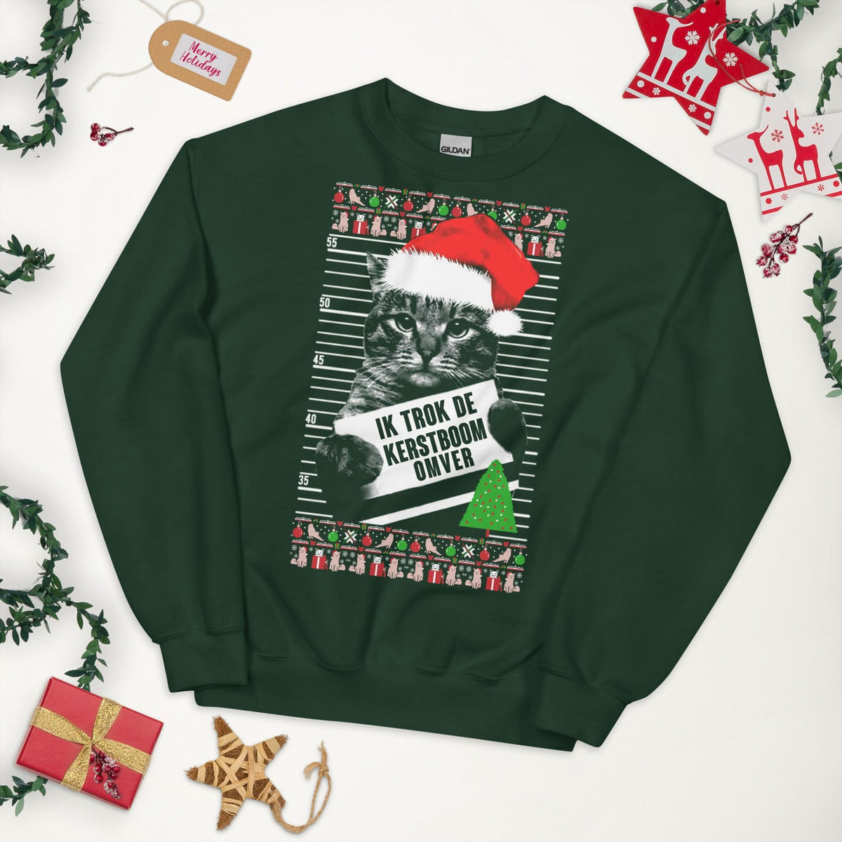 Unisex kersttrui (Ik trok de kerstboom omver) katten