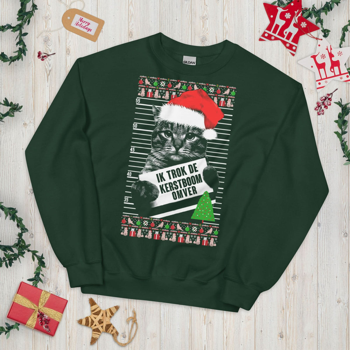 Unisex kersttrui (Ik trok de kerstboom omver) katten