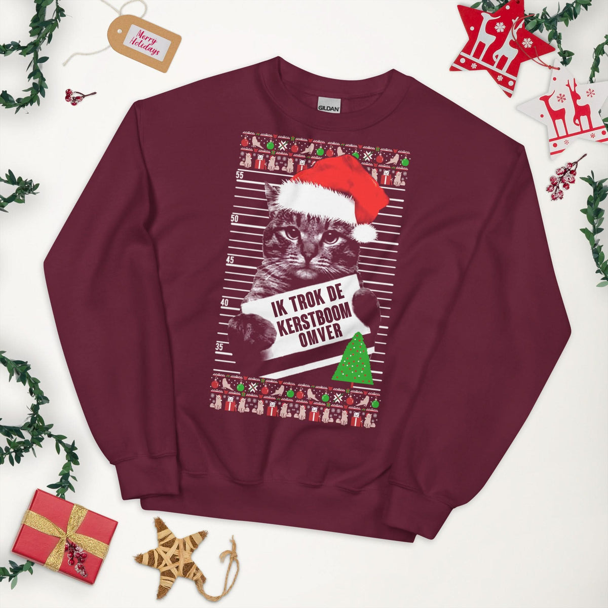 Unisex kersttrui (Ik trok de kerstboom omver) katten