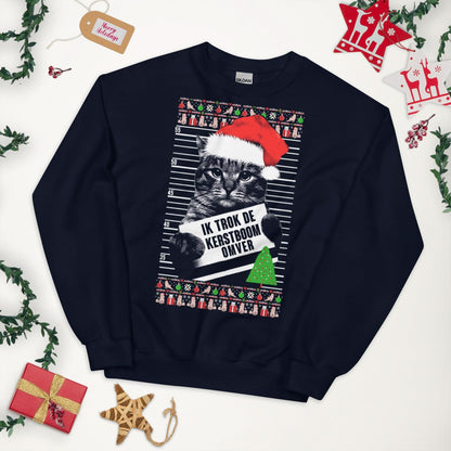 Unisex kersttrui (Ik trok de kerstboom omver) katten