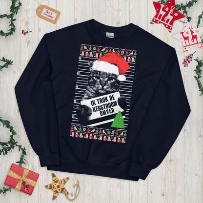 Unisex kersttrui (Ik trok de kerstboom omver) katten