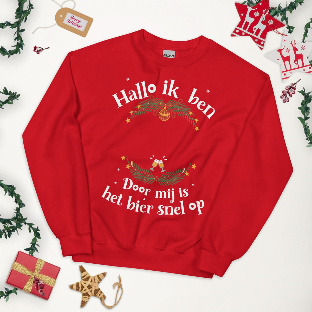 Unisex kersttrui (Hallo ik ben... en door mij is bier snel op) Personaliseer deze trui met je naam!
