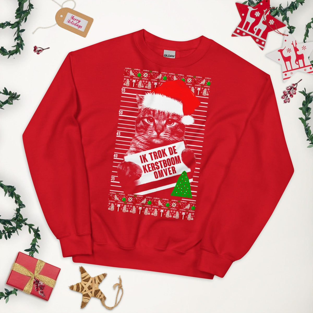 Unisex kersttrui (Ik trok de kerstboom omver) katten