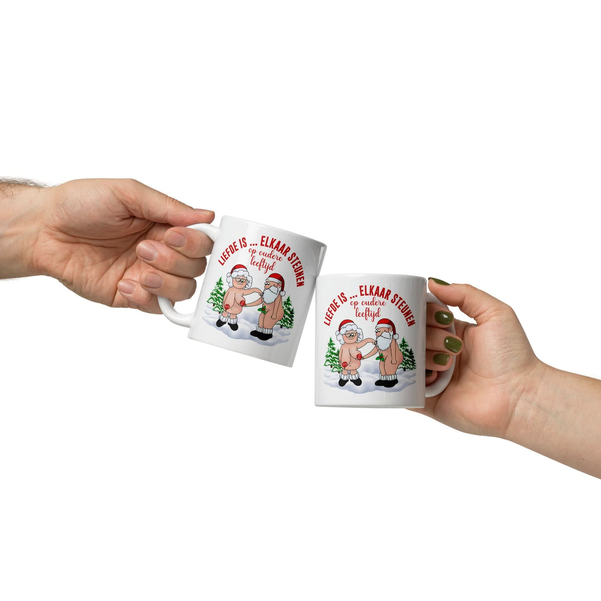 Witte glanzende mok (Liefde is... elkaar steunen op ouder leeftijd)